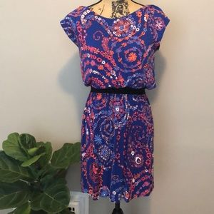 Lilly Pulitzer Blue Floral Midi Dress with Pink & Orange Accents